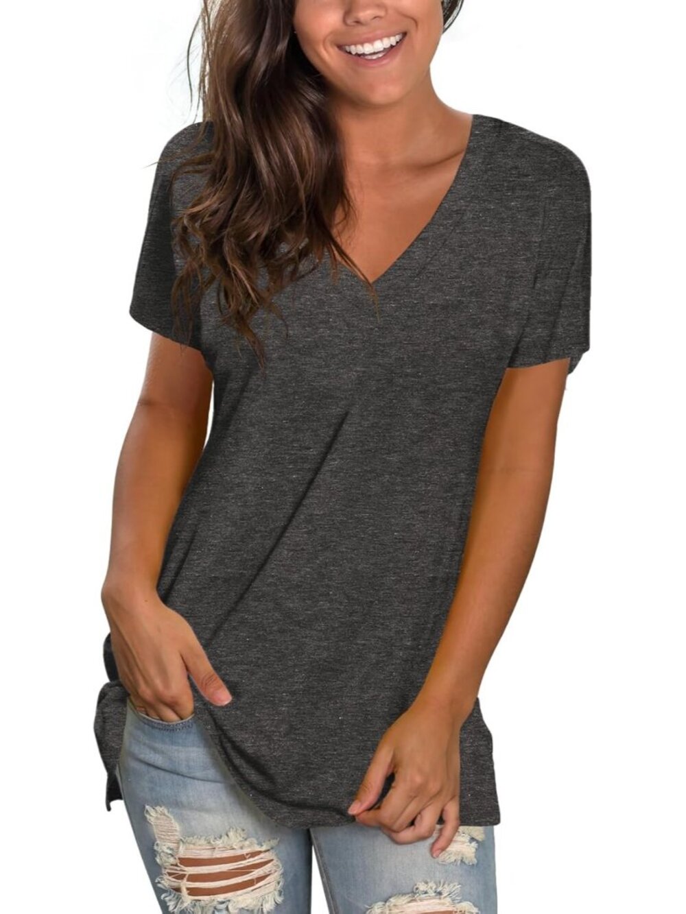 〽️Women Deep Grey V Neck Tee Loose Fitting Casual Short Sleeve Tops T Shirt